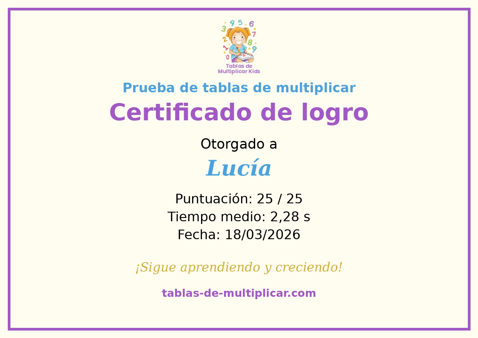 Ejemplo del certificado de la prueba de tablas de multiplicar
