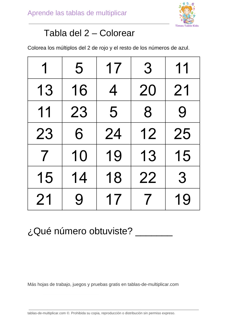 Colorear de la tabla del 2 para imprimir en PDF