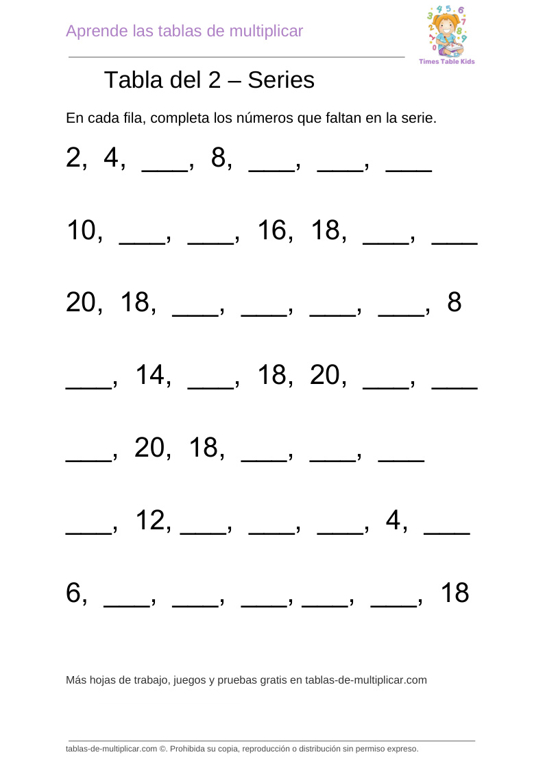 Series de la tabla del 2 para imprimir en PDF