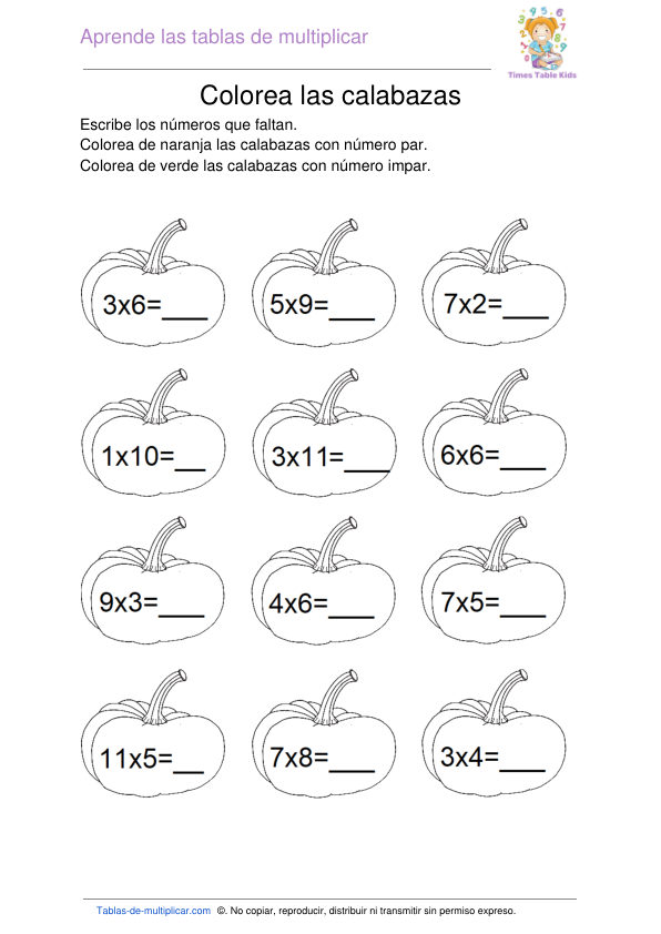 Colorea las calabazas: pares e impares – hoja de trabajo de multiplicar