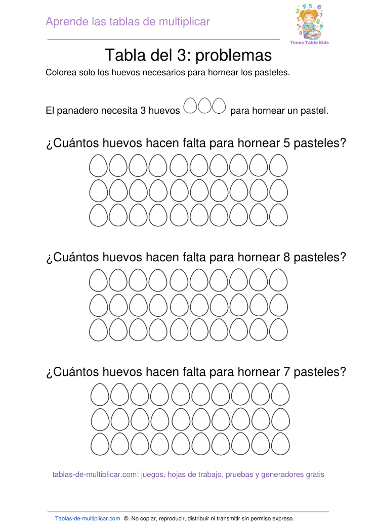 Problemas de multiplicación de la tabla del 3 para imprimir