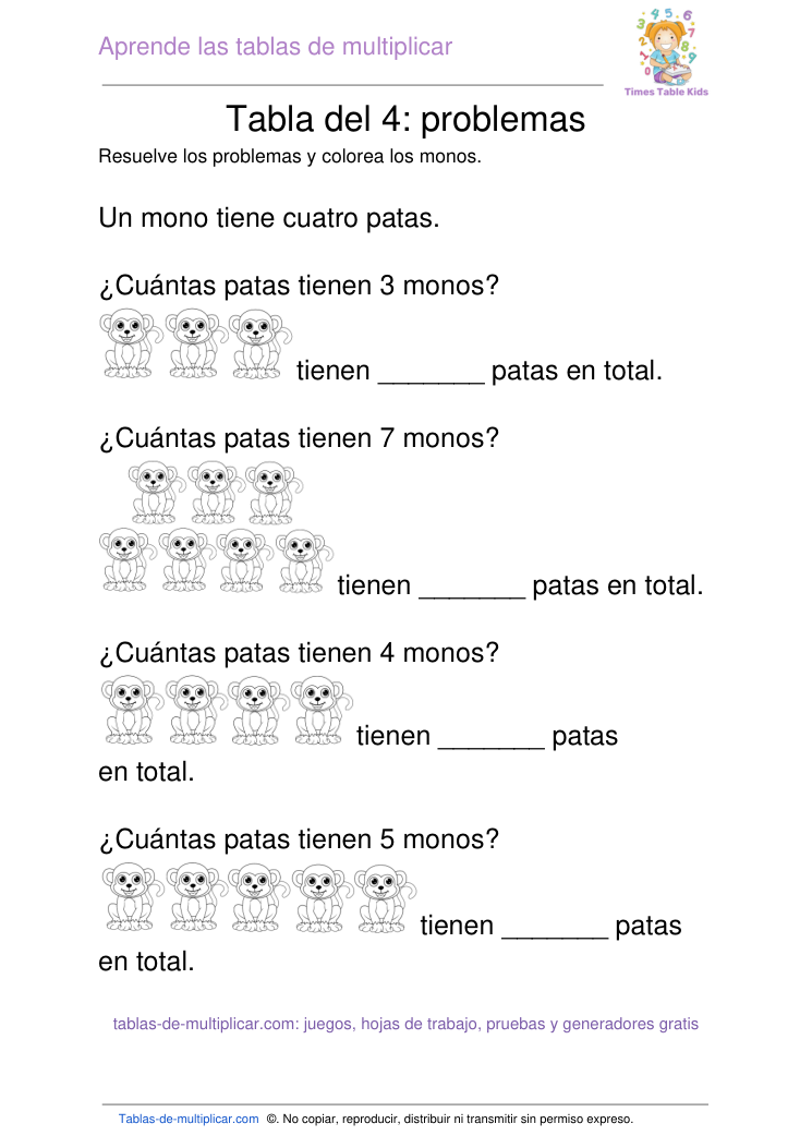 Problemas de multiplicación de la tabla del 4 para imprimir