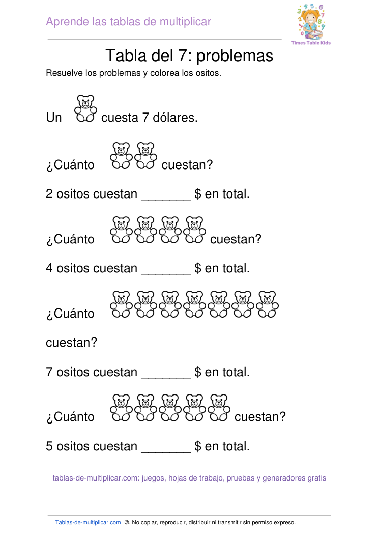 Problemas de multiplicación de la tabla del 7 para imprimir
